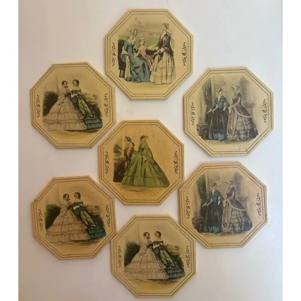 TW Antique Victorian paper every day coasters / Set of 7/ In Box